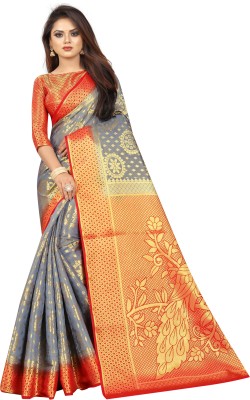 BHUVA BROTHERS Woven Kanjivaram Cotton Silk Saree(Grey)