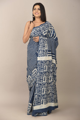 Govind Hand Printers Printed Handloom Cotton Blend Saree(Blue)