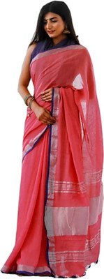 govind handloom Striped Bhagalpuri Cotton Linen Saree(Pink)