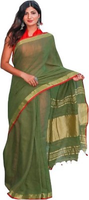 govind handloom Striped Bhagalpuri Cotton Linen Saree(Green)