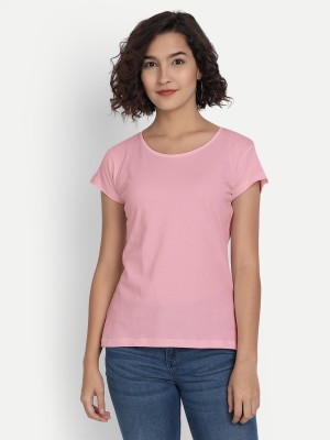 BE AWARA Solid Women Round Neck Pink T-Shirt