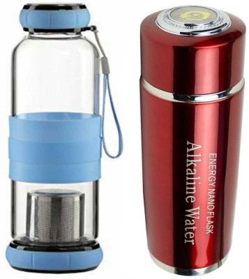 Tabeab Alkaline Glass Anti-Oxident Water Bottle 500ml + Energy Flask Ionizer Water Bottle 380 ml Bottle(Pack of 2, Multicolor, Glass)