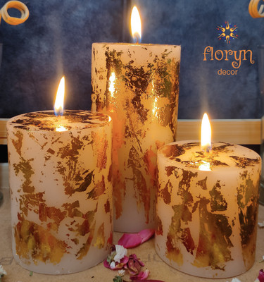 Floryn decor Gold Dust Pillar Candle(Multicolor, Pack of 3)