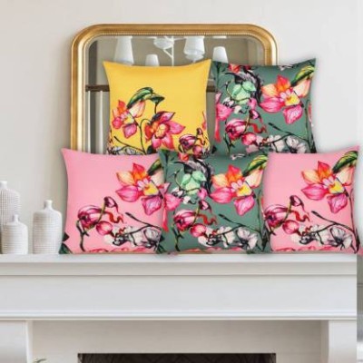Rudsdecor Floral Cushions Cover(Pack of 5, 40 cm*40 cm, Green, Pink, Yellow)