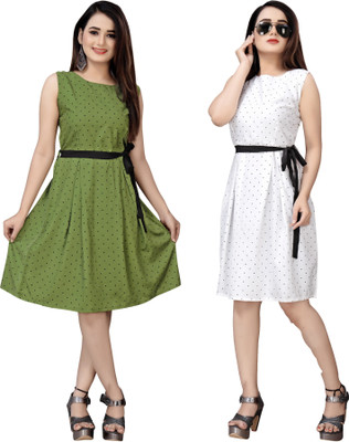 Hiral Creation Women Skater Green, White Knee Length Dress