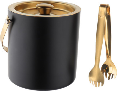 Steren 1.5 L Steel Double Wall Ice Bucket with Tong - Black & Gold (PVD Coated) Ice Bucket