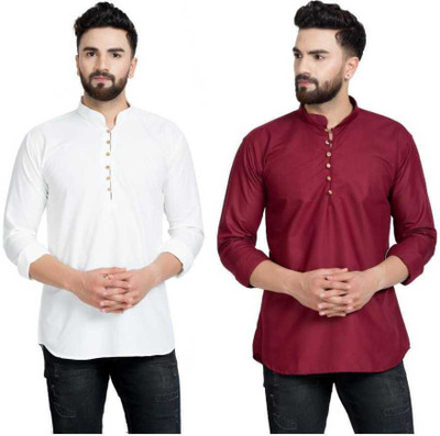 SAIFOO Men Solid Straight Kurta(White, Maroon)
