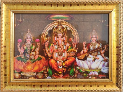 SAI BALAJI ACRALICS Lakshmi Ganesh Saraswati Digital Reprint 8 inch x 6 inch Painting(With Frame)