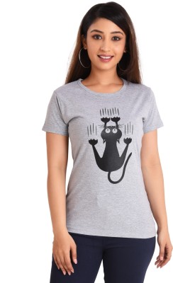 NEO GARMENTS Printed Women Round Neck Grey T-Shirt