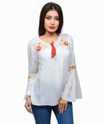 3BUTTERFLIES Casual Full Sleeve Embroidered Women White Top