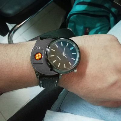 Exquisite ® 2 in 1 Cigarette Lighter with Analog Men's Wrist Watch - Electric USB Lighter Cigarette Lighter(Black)