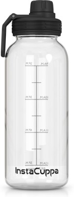 InstaCuppa Borosilicate Glass Water Bottle with Innovative Time Markings, BPA Free, Wide Mouth Sports Sipper Lid with Carrying Loop, Removable Neoprene Silicone Sleeve for Extra Protection 650 ml(Black)