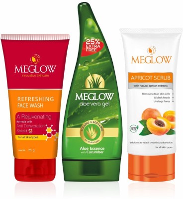 meglow Refreshing Facewash 70 gm + Apricot Scrub 70 gm + Aloevera Gel 125 gm(3 Items in the set)