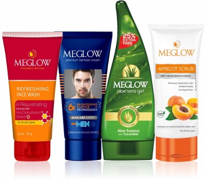 meglow Premium Fairness Cream For Men 50gm and Refreshing Facewash 70 Gm and Apricot Scrub 70 Gm and Aloevera Gel 125 Gm Mens Skin Care Combo Pack(4 Items in the set)