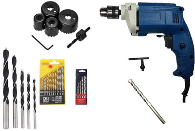 Qualigen 450W 10mm drill machine 5pc masonry 13pc HSS 5pc wood 6pc holesaw 1 masonry bit Power & Hand Tool Kit(5 Tools)