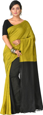 Mystory Self Design Handloom Cotton Blend Saree(Black, Mustard)