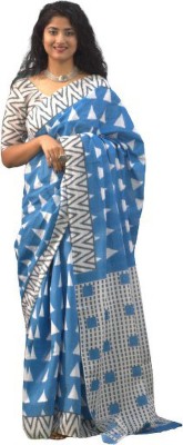 KRISHNA FASHION Temple Border Daily Wear Pure Cotton Saree(Blue)