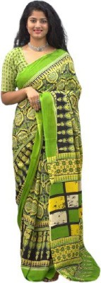 Jalther Printed Ikkat Pure Cotton Saree(Green)