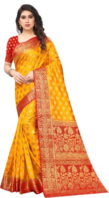 BHUVA BROTHERS Woven Kanjivaram Cotton Silk Saree(Mustard)