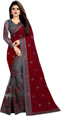 Divastri Embellished Bollywood Art Silk, Net Saree(Maroon, Grey)