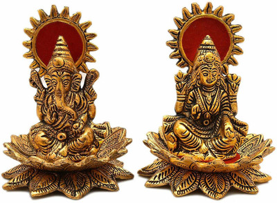 NAVYAKSH Lotus Sitting Lord Lakshmi/Ganesha Laxmi/Ganesh Golden Brass Statue Antique Decorative Showpiece  -  11 cm(Brass, Gold)