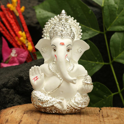 Collectible India Ganesh Murti Idol for car dashboard Table Decor Decorative Showpiece - 9 cm(Marble, Silver)