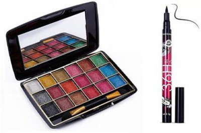 AVEU 18 Shades Eyeshadow Palate With Apply Brush + Waterproof Eyeliner Pencil (Black) (1 Items in the set)(2 Items in the set)