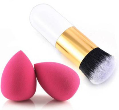AVEU Extra Soft Foundation Brush with 2 Sponge puff blender - (Pack of 3)(3 Items in the set)