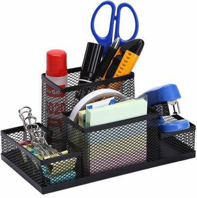 blue power 4 Compartments Metal Metal Pen Stand(Black)