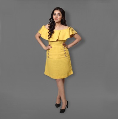 ATTRAQTIVE Women Skater Yellow Dress