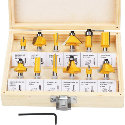 uptodateprouducts 12 PCS 6.35mm 1/4 Inch Shank Tungsten Carbide Tipped Router Bit Set Router Bit Set