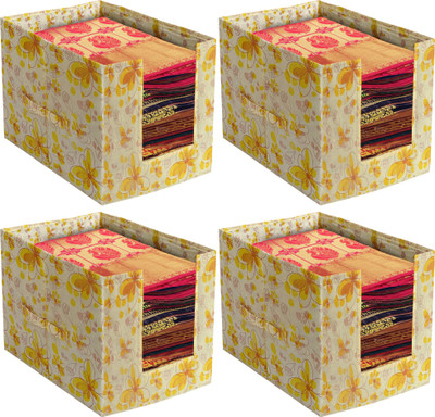 KUBER INDUSTRIES Designer Flower Design Foldable Rectangle Cloth Saree Stacker Cloth Wardrobe Organizer- Pack of 4 (Yellow) HS_36_KUBMART018425(Yellow)