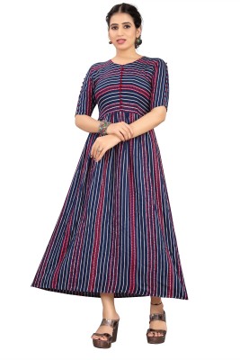 RASIKAA Women Striped Flared Kurta(Blue)