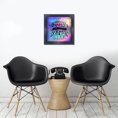 pnf 620-MOTIVATIONAL QUOTES happy mind happy life with Wooden Synthetic Frame Digital Reprint 13 inch x 13 inch Painting(With Frame)