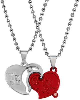 Shiv Jagdamba Valentine Gift Zirconia Crystals Love You Heart Engraved Heart Dual Locket Pendant Necklace Chain Unisex 1 Pair For His And Her For Couple Rhodium Zinc, Metal Pendant Set
