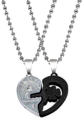 Sullery Valentine Gift Zirconia Crystals I Love You Engraved Heart lock And Key Flower Dual Locket Pendant Necklace Chain Unisex Jewellery 1 Pair For His And Her For Couple Husband Wife Boyfriend Girlfriend Boys Girls Black Silver Cubic Zirconia Zinc, Metal Pendant Set