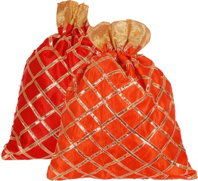 KUBER INDUSTRIES Potli bags Handbags for Women Gifting Wristlets For Wedding, Festival, Kitty Subh Shagun-Pack of 2 (Red & Orange) Potli(Pack of 2)