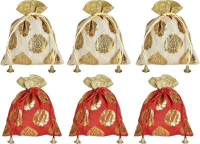 KUBER INDUSTRIES Leaf Design Potli bags Handbags for Women Gifting Wristlets For Wedding, Festival, Kitty Subh Shagun-Pack of 6 (Gold & Red) Potli(Pack of 6)