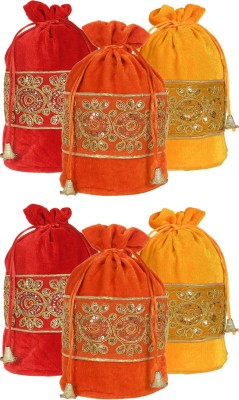 KUBER INDUSTRIES Embroidered Design Potli bags Handbags for Women Gifting Wristlets For Wedding, Festival, Kitty Subh Shagun-Pack of 6 (Red & Yellow & Orange) Potli(Pack of 6)