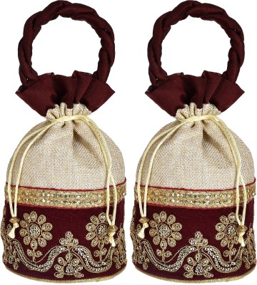 KUBER INDUSTRIES Embroidered Design Potli bags Handbags for Women Gifting Wristlets For Wedding, Festival, Kitty Subh Shagun-Pack of 2 (Maroon) Potli(Pack of 2)