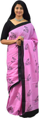 NIKHILAM Printed Daily Wear Pure Cotton Saree(Pink)