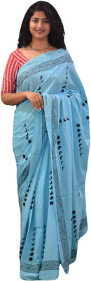 NIKHILAM Printed Bollywood Pure Cotton Saree(Light Blue)