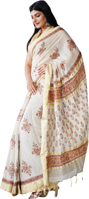 SHIVANYA HANDICRAFTS Printed Bollywood Linen Saree(White)