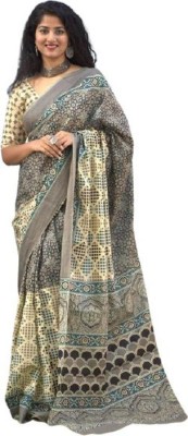 Clothonus Printed Ikkat Pure Cotton Saree(Beige)