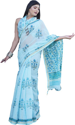 SHIVANYA HANDICRAFTS Printed Daily Wear Linen Saree(Light Blue)