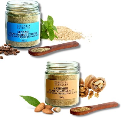 ESSENTIA EXTRACTS Combo of Kashmiri Almond Walnut and Sesame Peppermint Coffee Face & Body Exfoliating Scrub | Vitamin E | Tan Removal | All Skin types (100G +100G) (Pack of 2) Scrub(200 g)