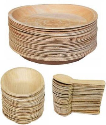 Ramanuj Pack of 30 Wood Organic Eco-friendly Biodegradable Areca Palm Leaf Wooden Antique look for Home ,Birthday, Kitty party ,Office,Journey Serving Set of 3 items (10 inches round plates,wooden spoons,bowls) disposable combo (Pack of X30 pcs round plates,X30 pcs bowls ,X30 pcs spoons) combo pack 