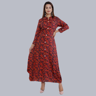 BHAGLI Women A-line Maroon Maxi/Full Length Dress