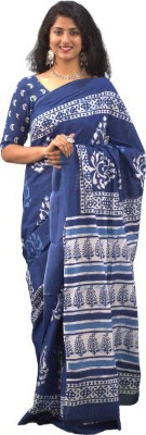 KRISHNA FASHION Printed Daily Wear Pure Cotton Saree(Blue)