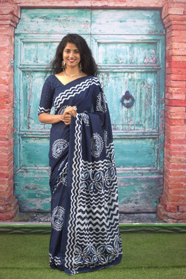 JAI HANUMAN HAND PRINTING Printed Daily Wear Pure Cotton Saree(Dark Blue)